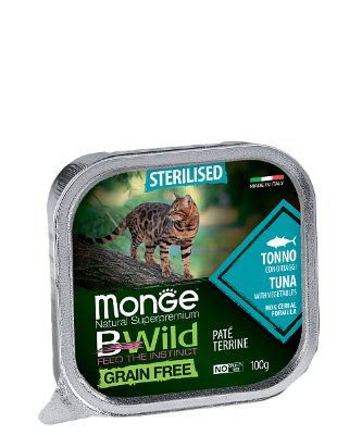 Monge (Монж) BWild Cat Grain Free беззерновые консервы для стерилизованных кошек с тунцом и овощами 100гр 