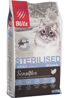 Blitz (Блиц) Sensitive Turkey Adult Sterilised Cat All Breeds корм для стерилизованных кошек всех пород с индейкой  