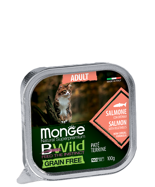 Monge (Монж) BWild Cat Grain Free беззерновые консервы для взрослых кошек с  лососем и овощами 100гр