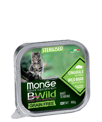  Monge (Монж) BWild Cat Grain Free беззерновые консервы для стерилизованных кошек с мясом дикого кабана и овощами 100гр 