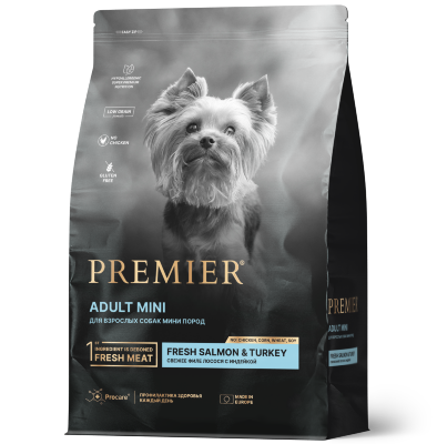 Premier (Премьер) для взрослых собак мелких пород с нормальной активностью, чувствительной кожей и шерстью или склонных к аллергии с лососем и индейкой  